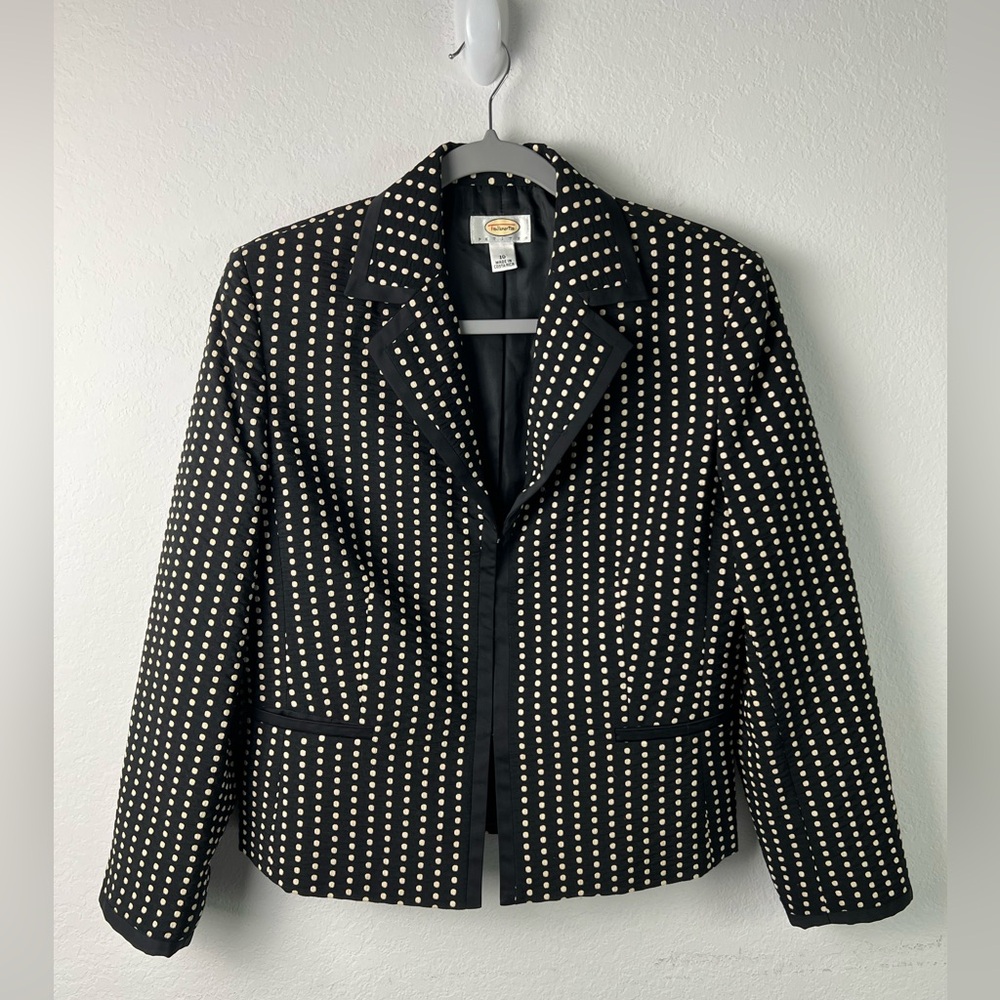 Talbots Petites Black Cream Polka Dot with Black Ribbon Detail Jacket Blazer